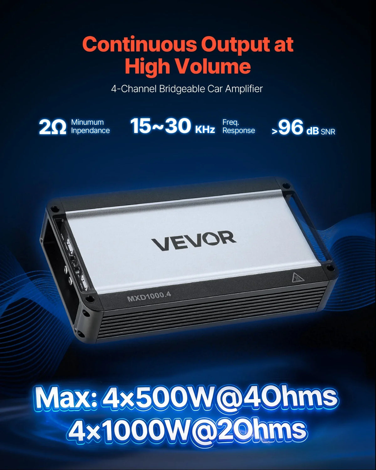 VEVOR 4 Channel Car Audio Amplifier 2 Ohm Stable Bridgeable Class D Full Range Amp Max Power 4 x 500W @ 4 Ohm / 4 x 1000W @ 2 Ohm for Car SUV Truck Off-Road