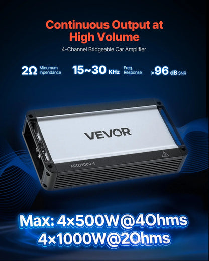 VEVOR 4 Channel Car Audio Amplifier 2 Ohm Stable Bridgeable Class D Full Range Amp Max Power 4 x 500W @ 4 Ohm / 4 x 1000W @ 2 Ohm for Car SUV Truck Off-Road