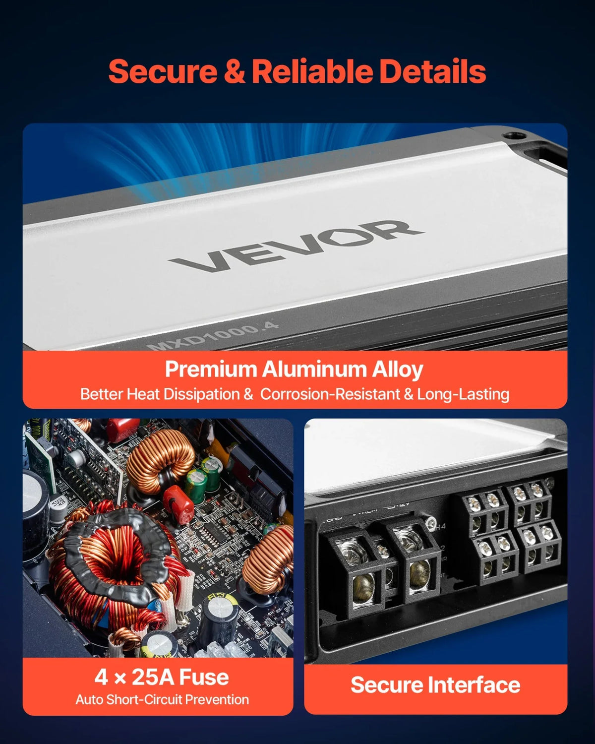 VEVOR 4 Channel Car Audio Amplifier 2 Ohm Stable Bridgeable Class D Full Range Amp Max Power 4 x 500W @ 4 Ohm / 4 x 1000W @ 2 Ohm for Car SUV Truck Off-Road - View 4