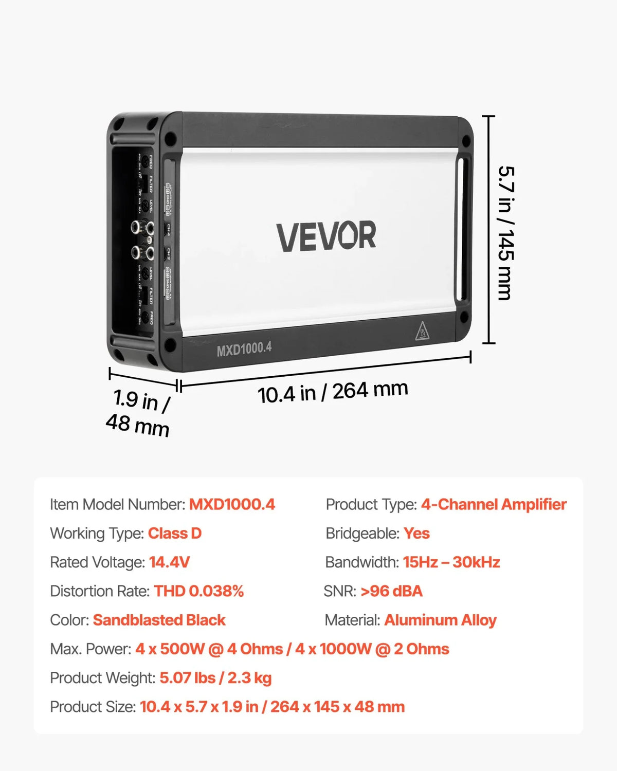 VEVOR 4 Channel Car Audio Amplifier 2 Ohm Stable Bridgeable Class D Full Range Amp Max Power 4 x 500W @ 4 Ohm / 4 x 1000W @ 2 Ohm for Car SUV Truck Off-Road - View 6