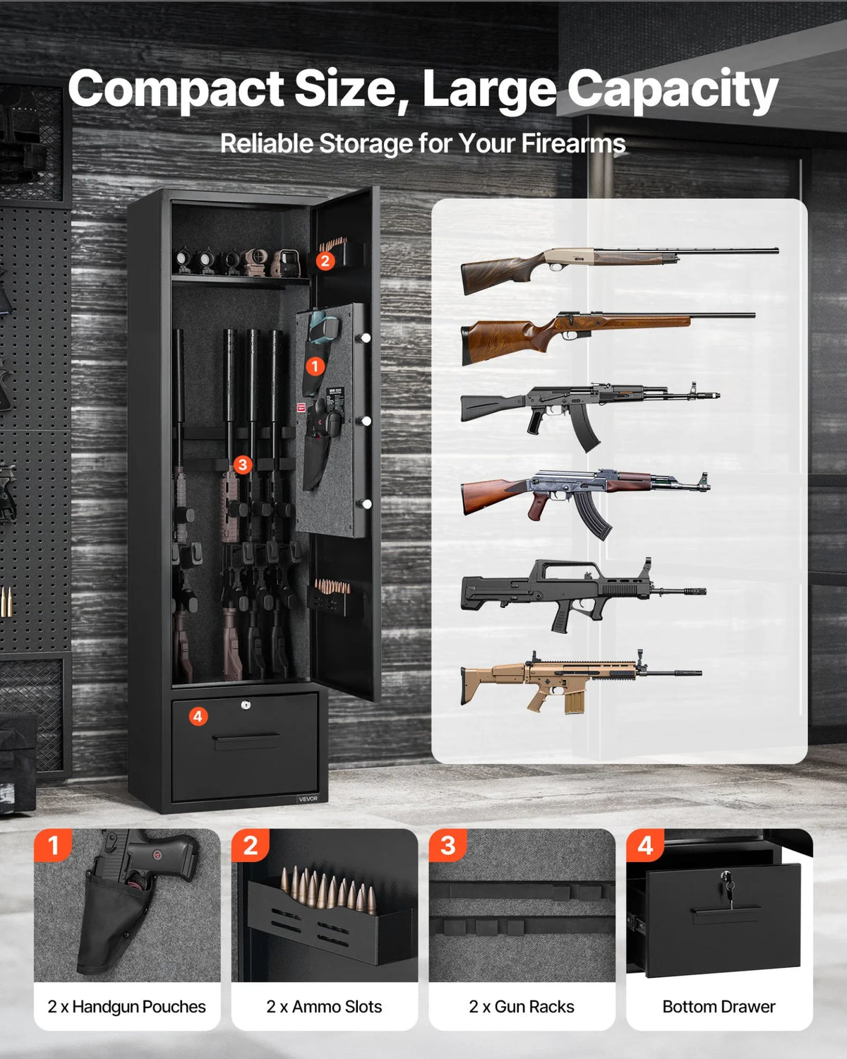 VEVOR 4 Gun Safe, Long Gun Cabinet for Rifles and Pistols, Quick Access Fireproof Rifle Safe with 2 Ammo Slots, 2 Pistol Pockets & 2 Adjustable Racks, Large Digital Cabinet with Key and Password Lock