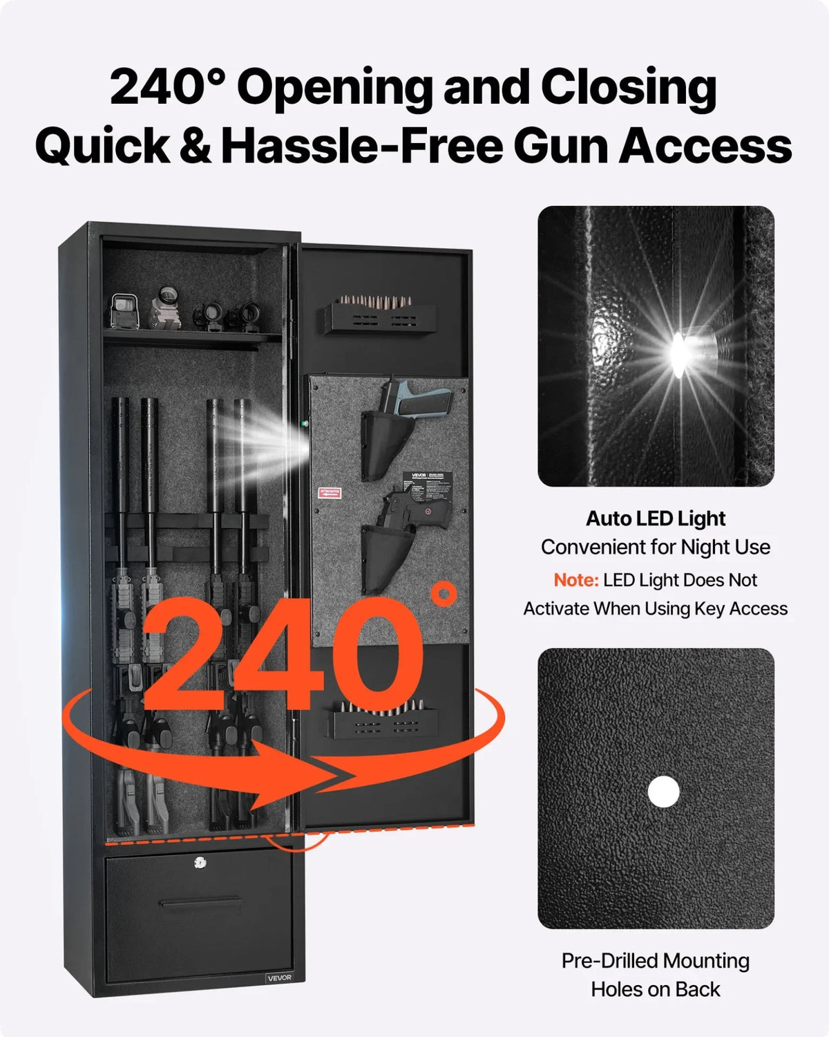 VEVOR 4 Gun Safe, Long Gun Cabinet for Rifles and Pistols, Quick Access Fireproof Rifle Safe with 2 Ammo Slots, 2 Pistol Pockets & 2 Adjustable Racks, Large Digital Cabinet with Key and Password Lock - View 5