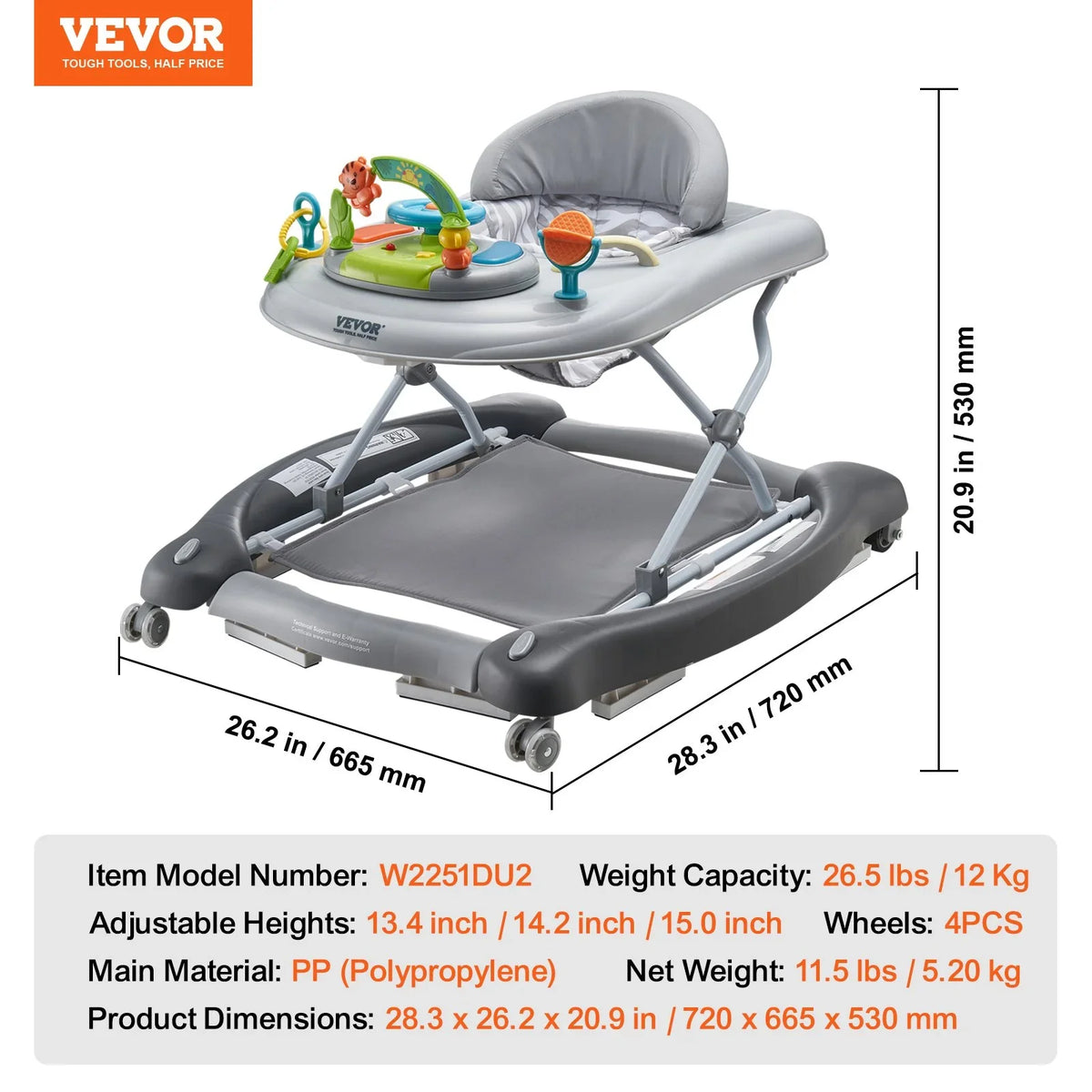 VEVOR 4-in-1 Baby Walker, Foldable Baby Activity Center on Wheels, 3 Adjustable Height, Music & Toys Tray, Learning-Seated | Walk-Behind | Rocker | Bouncer Toddler Walker for Girls Boys  6-24 Months - View 6