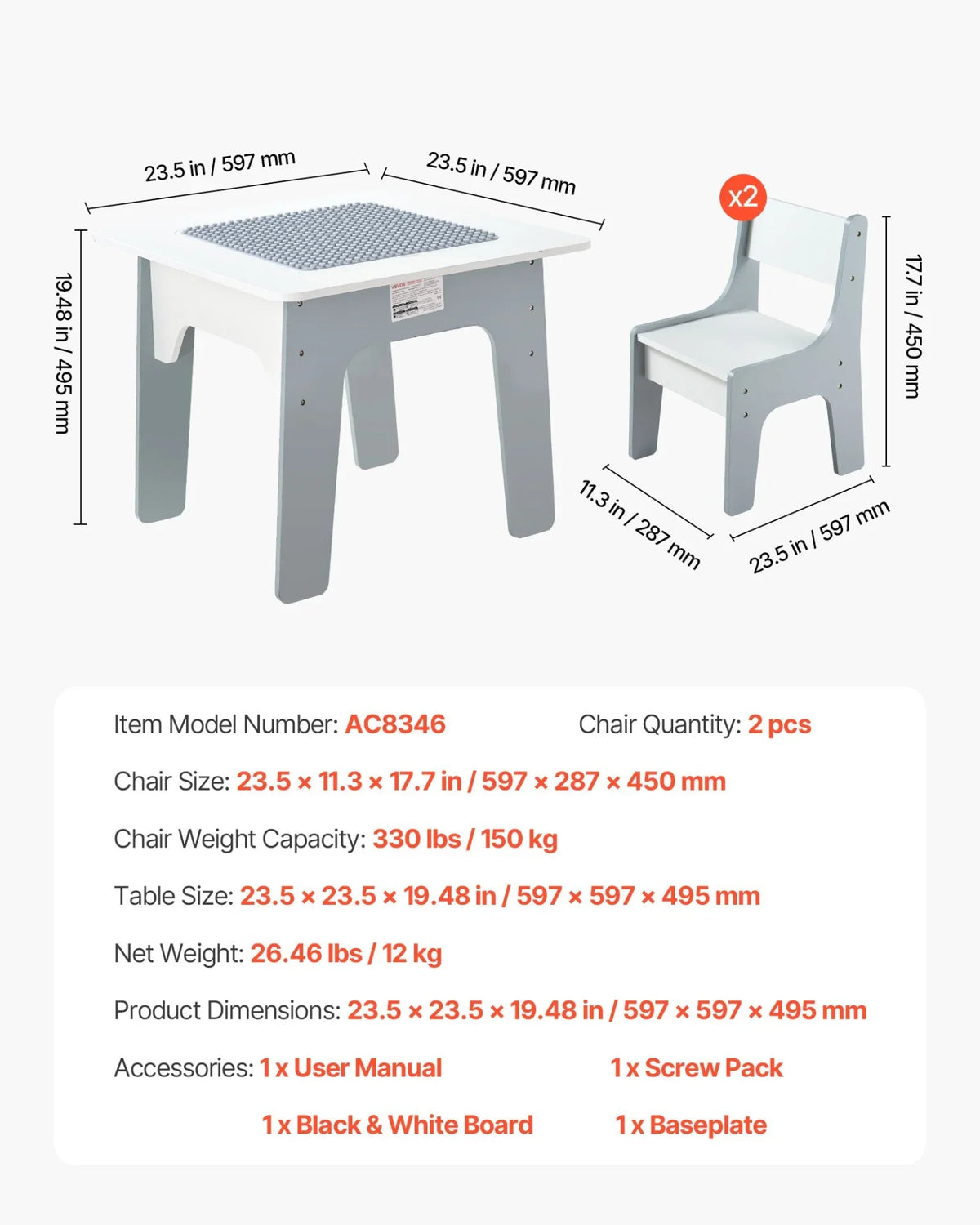 VEVOR 4 in 1 Kid Activity Table and 2 Chairs Set, Graffiti & Building Blocks Double-Sided Tabletop - View 6