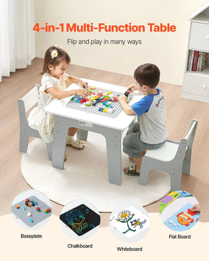 VEVOR 4 in 1 Kid Activity Table and 2 Chairs Set, Graffiti & Building Blocks Double-Sided Tabletop