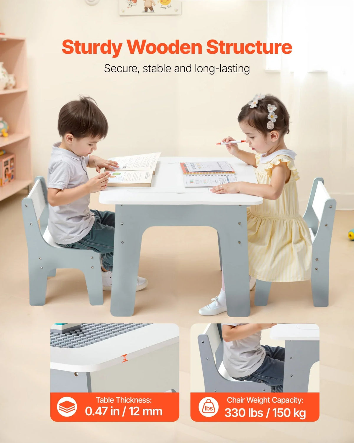 VEVOR 4 in 1 Kid Activity Table and 2 Chairs Set, Graffiti & Building Blocks Double-Sided Tabletop - View 2