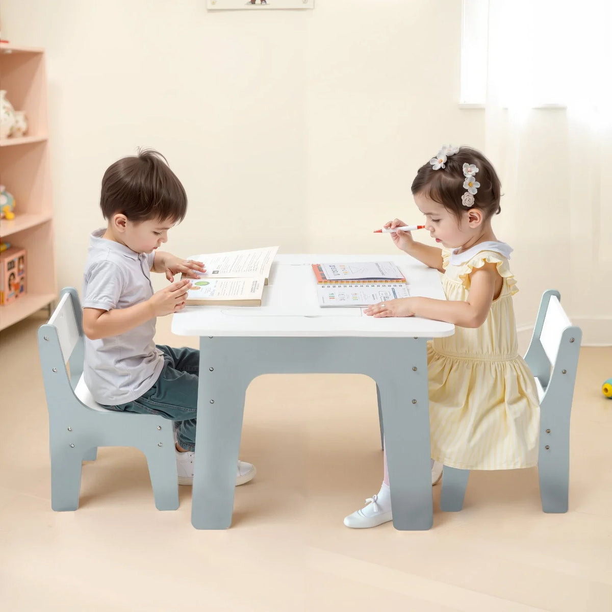 VEVOR 4 in 1 Kid Activity Table and 2 Chairs Set, Graffiti & Building Blocks Double-Sided Tabletop - View 7