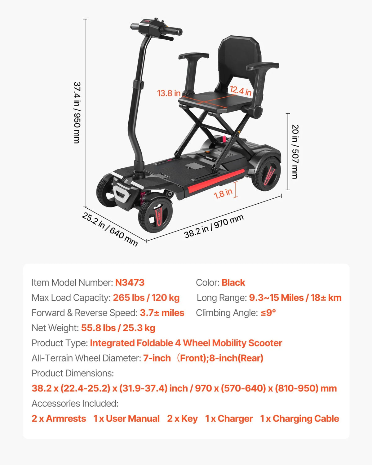 VEVOR 4-Wheel Electric Mobility Scooter for Adults & Seniors, Integrated Foldable Mobility Scooter with 9.3 Miles Long Range, All Terrain Travel Wheelchair with 9° Climbing Capacity & 265LBS Loading - View 17