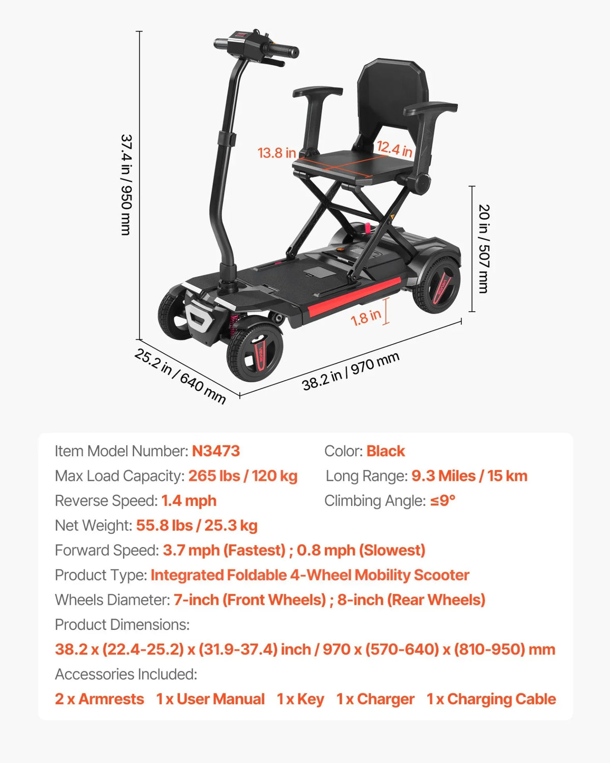VEVOR 4-Wheel Electric Mobility Scooter for Adults & Seniors, Integrated Foldable Mobility Scooter with 9.3 Miles Long Range, All Terrain Travel Wheelchair with 9° Climbing Capacity & 265LBS Loading - View 6