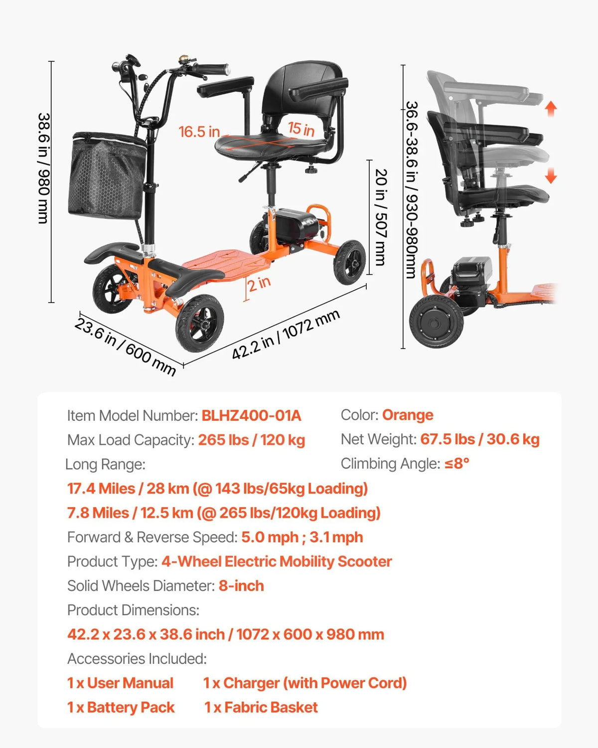 VEVOR 4-Wheel Folding Mobility Scooter Electric Mobility Scooter 265lbs Capacity - View 7