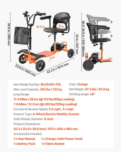 VEVOR 4-Wheel Folding Mobility Scooter Electric Mobility Scooter 265lbs Capacity - View 7