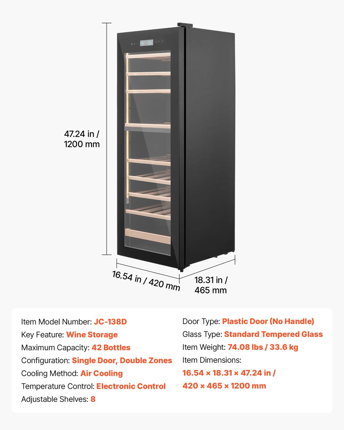 VEVOR 42 Bottle Wine Fridge, Freestanding Wine Cooler Refrigerator, Dual Zone Cooler, 41℉ to 65℉ Adjustable Temp Mini Cellar, Glass Door, For Home Office Bar, Red White Champagne or Sparkling Wines - View 6