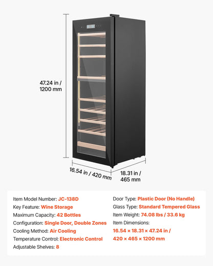 VEVOR 42 Bottle Wine Fridge, Freestanding Wine Cooler Refrigerator, Dual Zone Cooler, 41℉ to 65℉ Adjustable Temp Mini Cellar, Glass Door, For Home Office Bar, Red White Champagne or Sparkling Wines - View 6