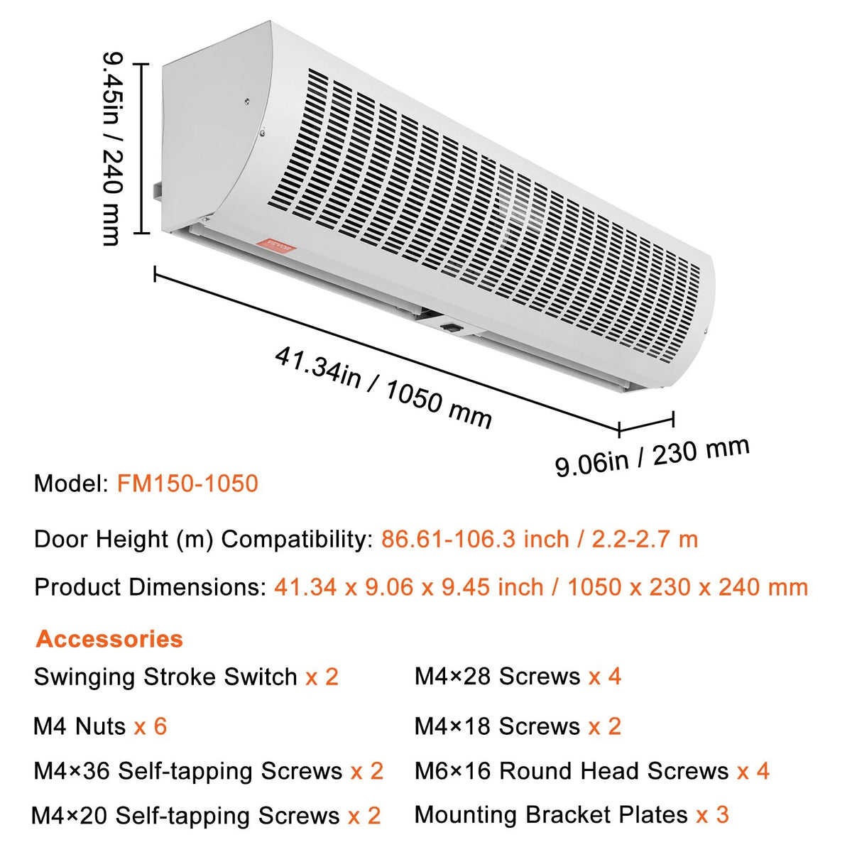 VEVOR 42" Commercial Indoor Air Curtain Super Power 2 Speeds 1350CFM, Wall Mounted Air Curtains for Doors, Indoor Over Door Fan with Heavy Duty Limit Switch, Easy-Install 110V Unheated - View 6