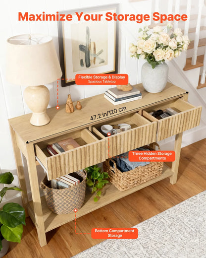 VEVOR 47 in Console Table, Farmhouse Desk Behind the Couch with Drawers and Bottom Storage Shelf, Wooden Rectangle Entrance Narrow Sofa Table for Hallway, Bedroom, Living Room, Foyer, Burlywood - View 3