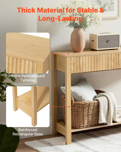 VEVOR 47 in Console Table, Farmhouse Desk Behind the Couch with Drawers and Bottom Storage Shelf, Wooden Rectangle Entrance Narrow Sofa Table for Hallway, Bedroom, Living Room, Foyer, Burlywood - View 4
