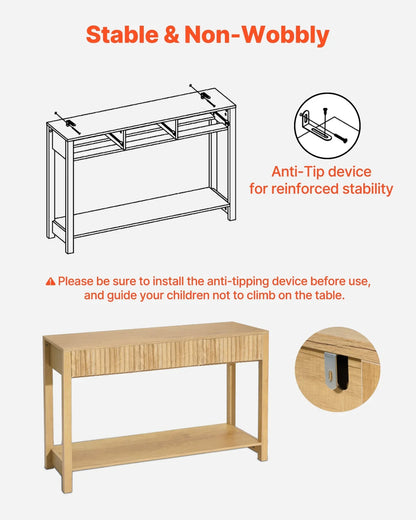 VEVOR 47 in Console Table, Farmhouse Desk Behind the Couch with Drawers and Bottom Storage Shelf, Wooden Rectangle Entrance Narrow Sofa Table for Hallway, Bedroom, Living Room, Foyer, Burlywood - View 5