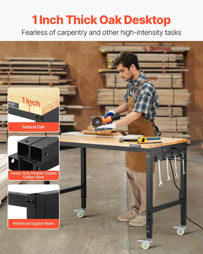 VEVOR 48-Inch Adjustable Workbench, 2000 lbs Load, Work Bench with Power Outlet, Wheels, and Pegboard, Heavy Duty Oak Wood Top Work Table for Garage, Workshop, Office, and Home - View 3