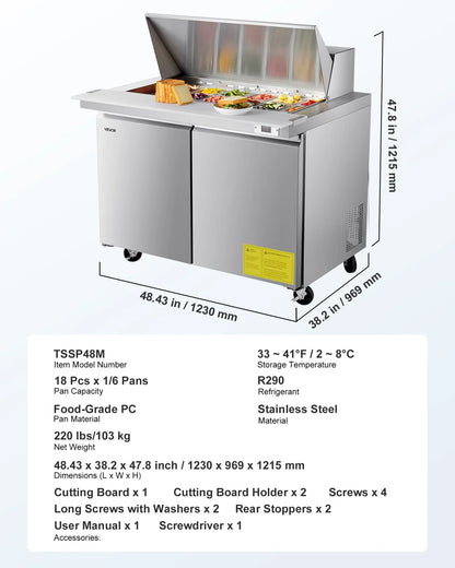 VEVOR 48"W Commercial Refrigerator, 12.5 Cu. Ft Sandwich Prep Refrigerated Table, Mega Top Food Prep Fridge with 18 Pans and Cutting Board, Stainless Steel Salad Prep Cooler for Restaurant, Food Truck - View 6