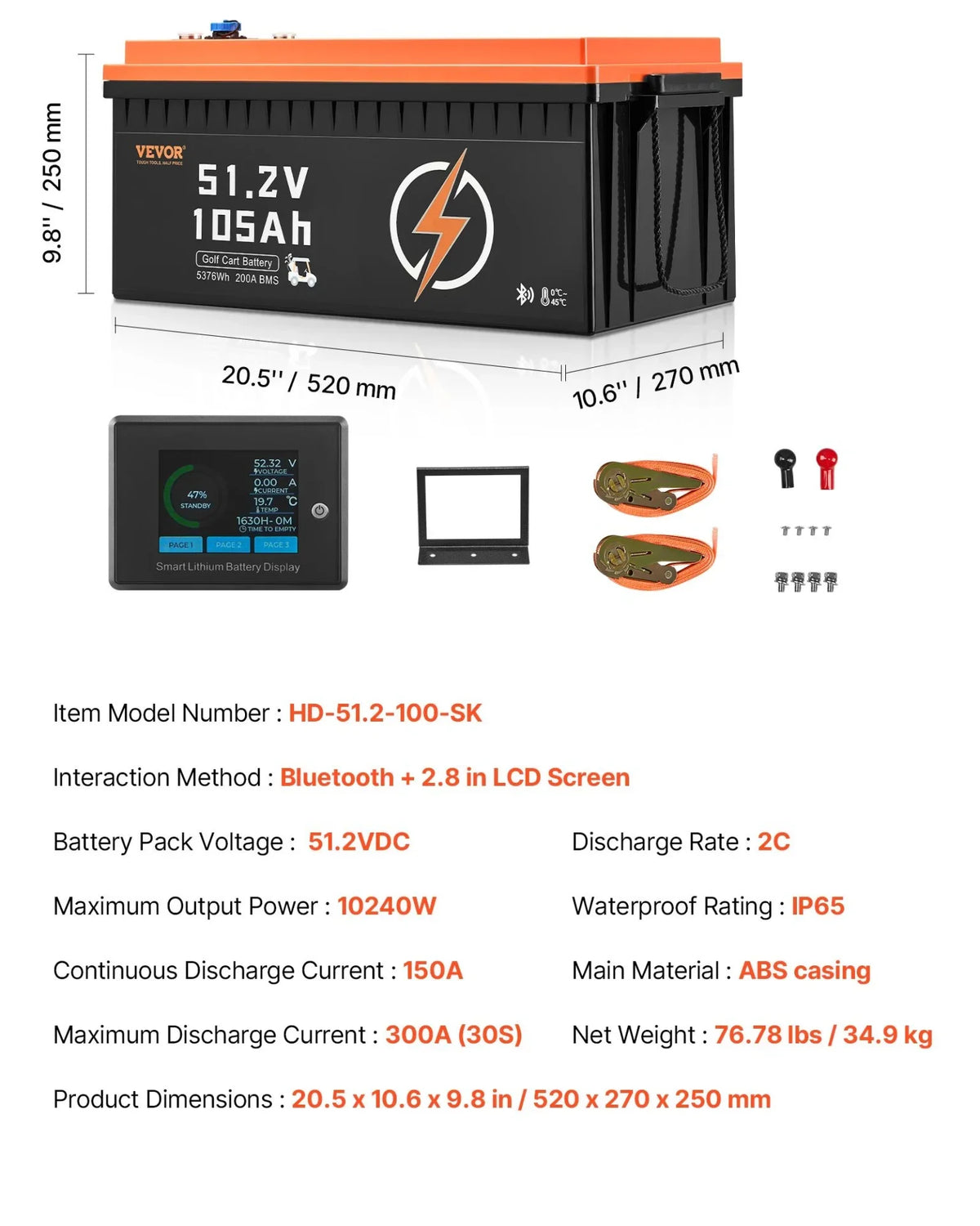 VEVOR 48V 105Ah Golf Cart Lithium Battery, 48 Volt Golf Cart Battery with 200A BMS, LCD Monitor and Mobile APP, LiFePO4 Battery with 600A Peak Current, ABS Shell and 4000+ Cycles, for Golf Carts - View 6