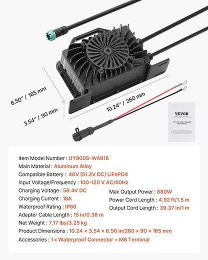 VEVOR 48V 18A Lithium Battery Charger, 58.4V, AC-DC LiFePO4 Smart Charger, with Waterproof Connector, LED Indicator, 0V Activation, for LiFePO4 Deep Cycle Rechargeable Batteries of Boat, RV, IP68 - View 6