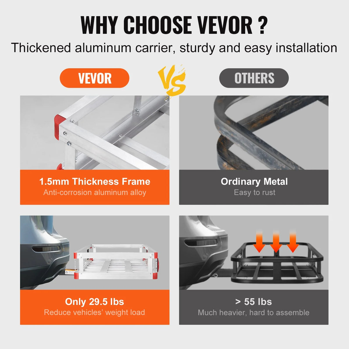 VEVOR 49.4 x 22.4 x 7.1 in Hitch Cargo Carrier, 500lbs Loading Capacity Trailer Hitch Mounted Cargo Basket, Rust-proof Aluminum Luggage Carrier Rack Fits 2" Hitch Receiver for SUV Truck Pickup Camping - View 3