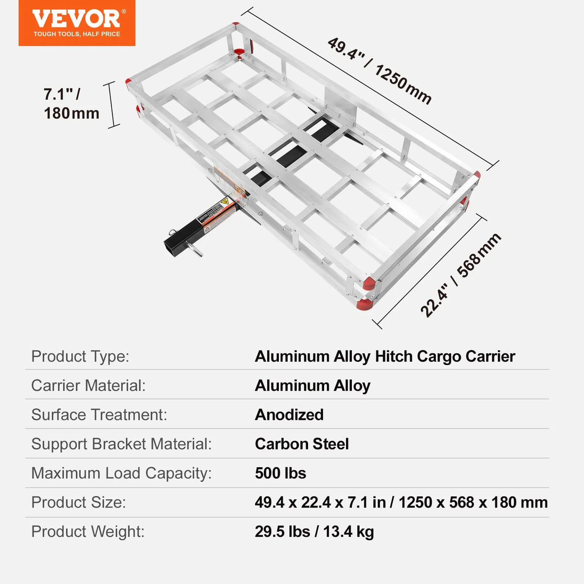 VEVOR 49.4 x 22.4 x 7.1 in Hitch Cargo Carrier, 500lbs Loading Capacity Trailer Hitch Mounted Cargo Basket, Rust-proof Aluminum Luggage Carrier Rack Fits 2" Hitch Receiver for SUV Truck Pickup Camping - View 6