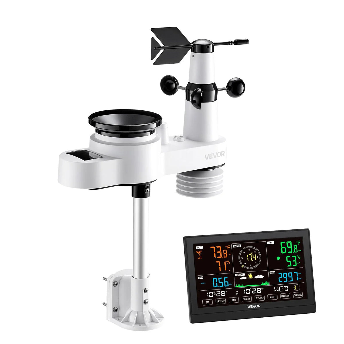 VEVOR 5-in-1 Wi-Fi Weather Station, 7.5-Inch VA Display, Wireless Solar Powered Outdoor Sensor, Rain Gauge, Indoor Outdoor for Weather Forecast, Wind Speed Direction, Temperature, Humidity, Rainfall