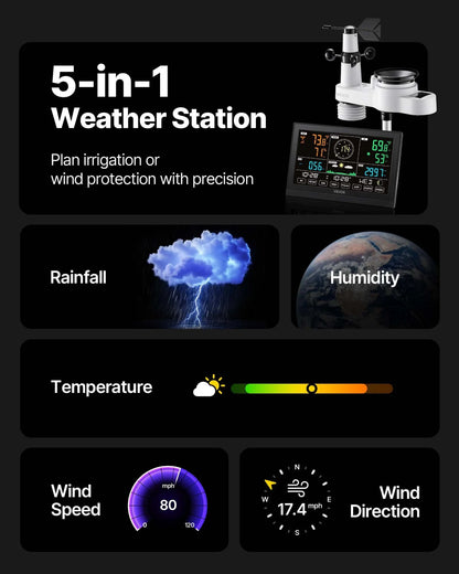 VEVOR 5-in-1 Wi-Fi Weather Station, 7.5-Inch VA Display, Wireless Solar Powered Outdoor Sensor, Rain Gauge, Indoor Outdoor for Weather Forecast, Wind Speed Direction, Temperature, Humidity, Rainfall - View 2