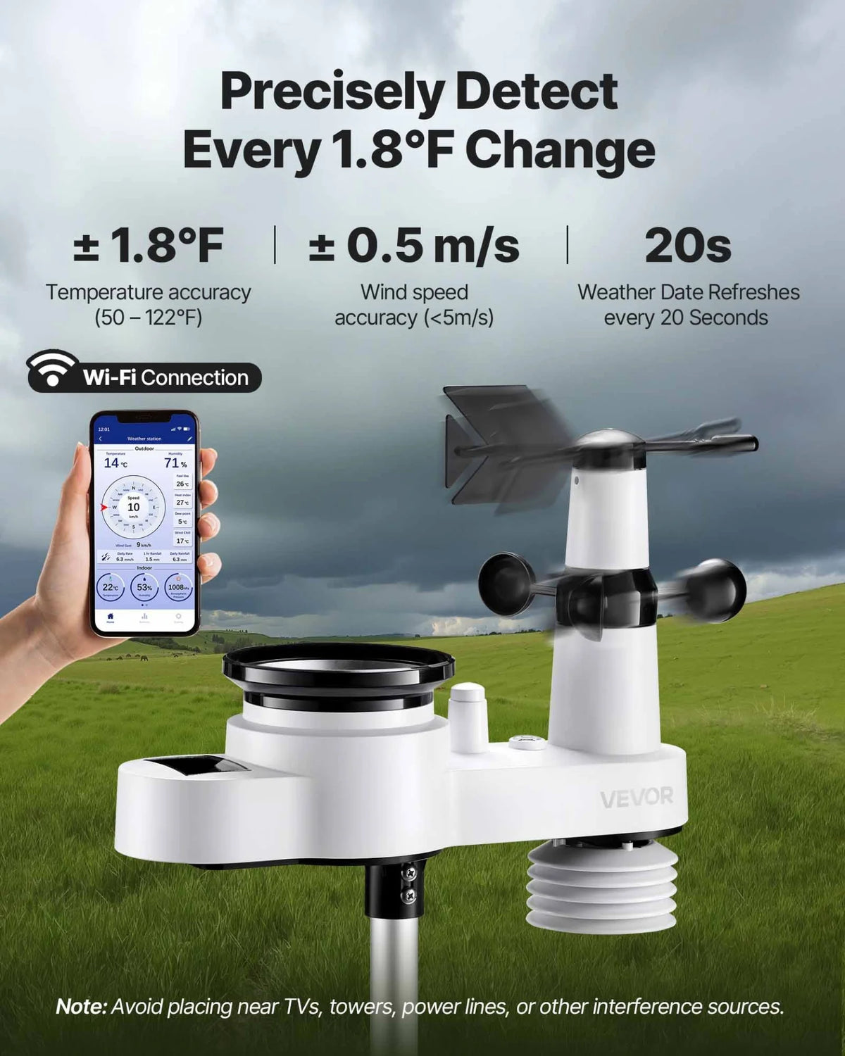 VEVOR 5-in-1 Wi-Fi Weather Station, 7.5-Inch VA Display, Wireless Solar Powered Outdoor Sensor, Rain Gauge, Indoor Outdoor for Weather Forecast, Wind Speed Direction, Temperature, Humidity, Rainfall - View 3
