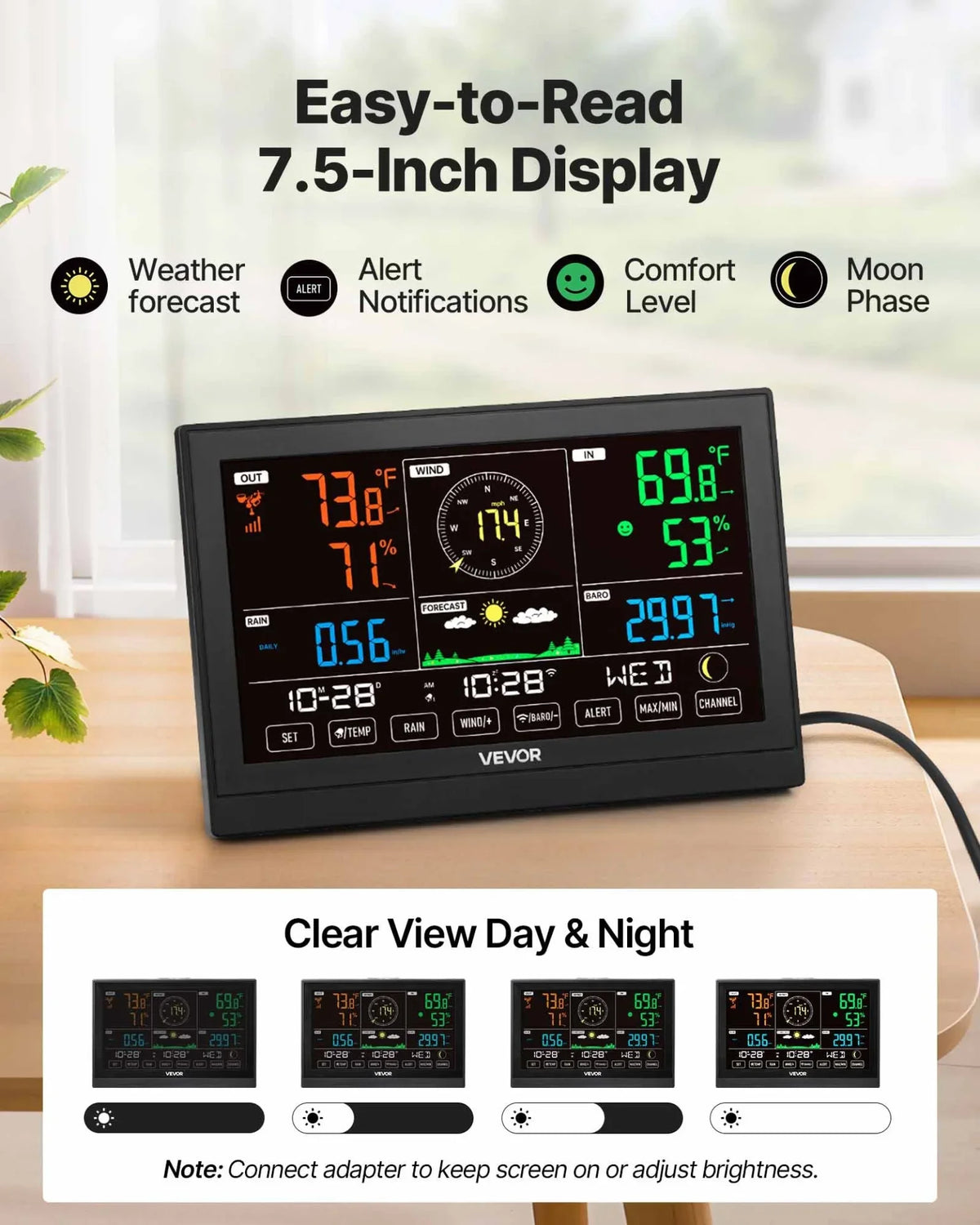 VEVOR 5-in-1 Wi-Fi Weather Station, 7.5-Inch VA Display, Wireless Solar Powered Outdoor Sensor, Rain Gauge, Indoor Outdoor for Weather Forecast, Wind Speed Direction, Temperature, Humidity, Rainfall - View 4