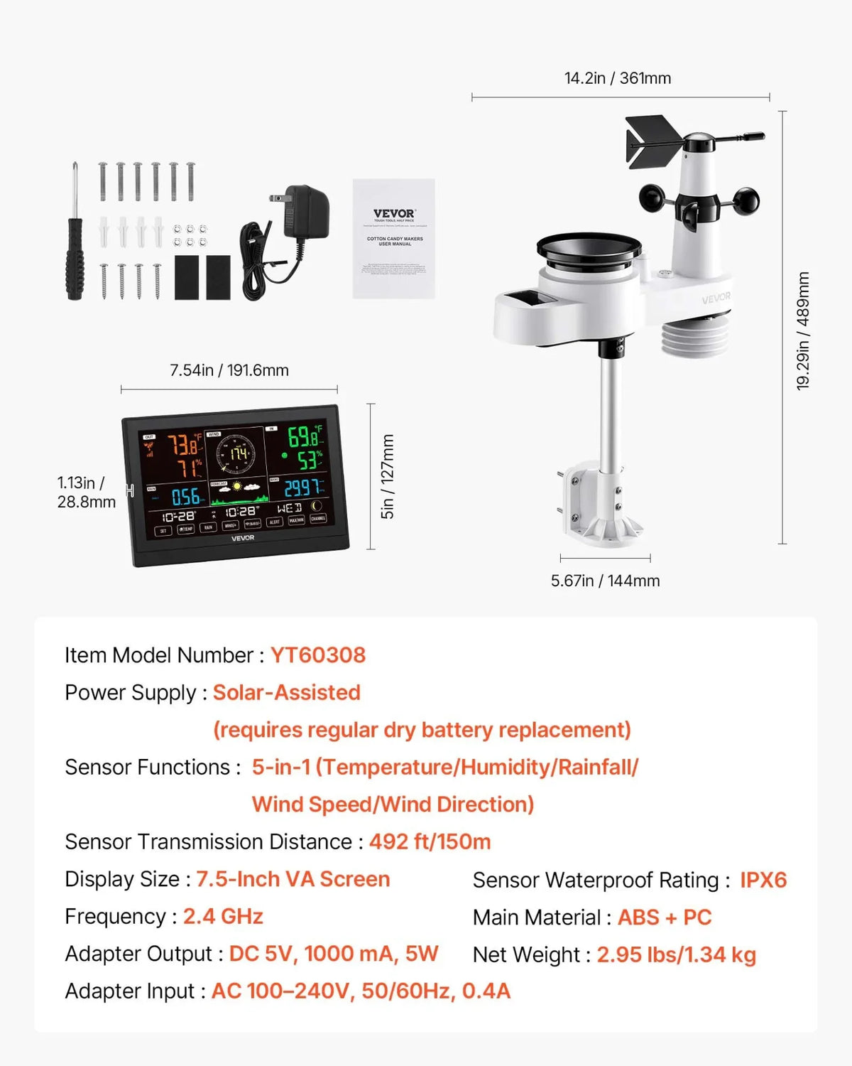 VEVOR 5-in-1 Wi-Fi Weather Station, 7.5-Inch VA Display, Wireless Solar Powered Outdoor Sensor, Rain Gauge, Indoor Outdoor for Weather Forecast, Wind Speed Direction, Temperature, Humidity, Rainfall - View 6