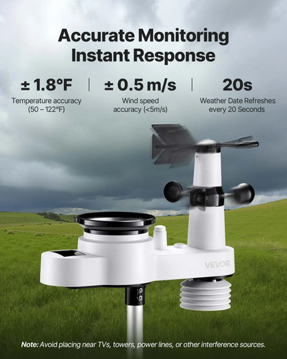 VEVOR 5-in-1 Wireless Weather Station, 7.5-Inch VA Display, Solar Powered Outdoor Sensor, Rain Gauge, Indoor Outdoor for Weather Forecast, Temperature, Humidity, Wind Speed and Direction (No WiFi) - View 3