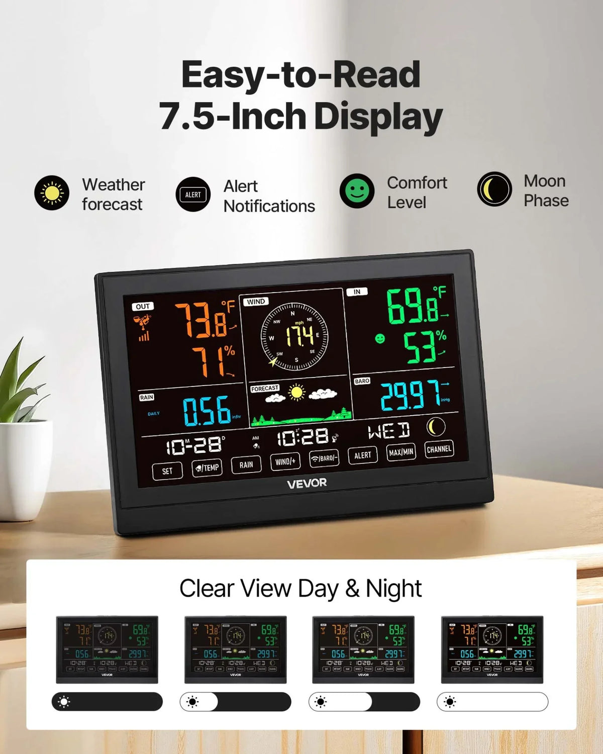 VEVOR 5-in-1 Wireless Weather Station, 7.5-Inch VA Display, Solar Powered Outdoor Sensor, Rain Gauge, Indoor Outdoor for Weather Forecast, Temperature, Humidity, Wind Speed and Direction (No WiFi) - View 4