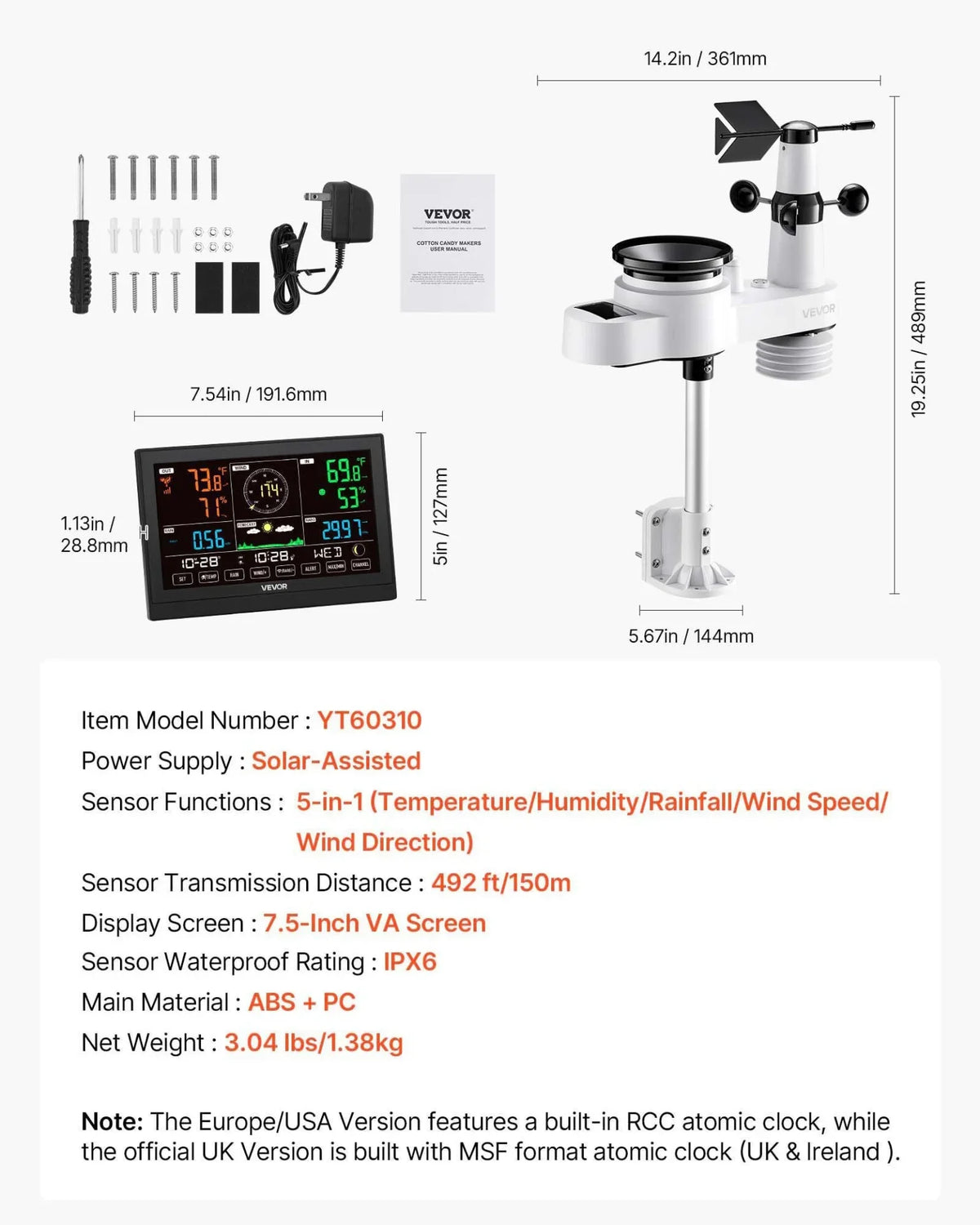 VEVOR 5-in-1 Wireless Weather Station, 7.5-Inch VA Display, Solar Powered Outdoor Sensor, Rain Gauge, Indoor Outdoor for Weather Forecast, Temperature, Humidity, Wind Speed and Direction (No WiFi) - View 6