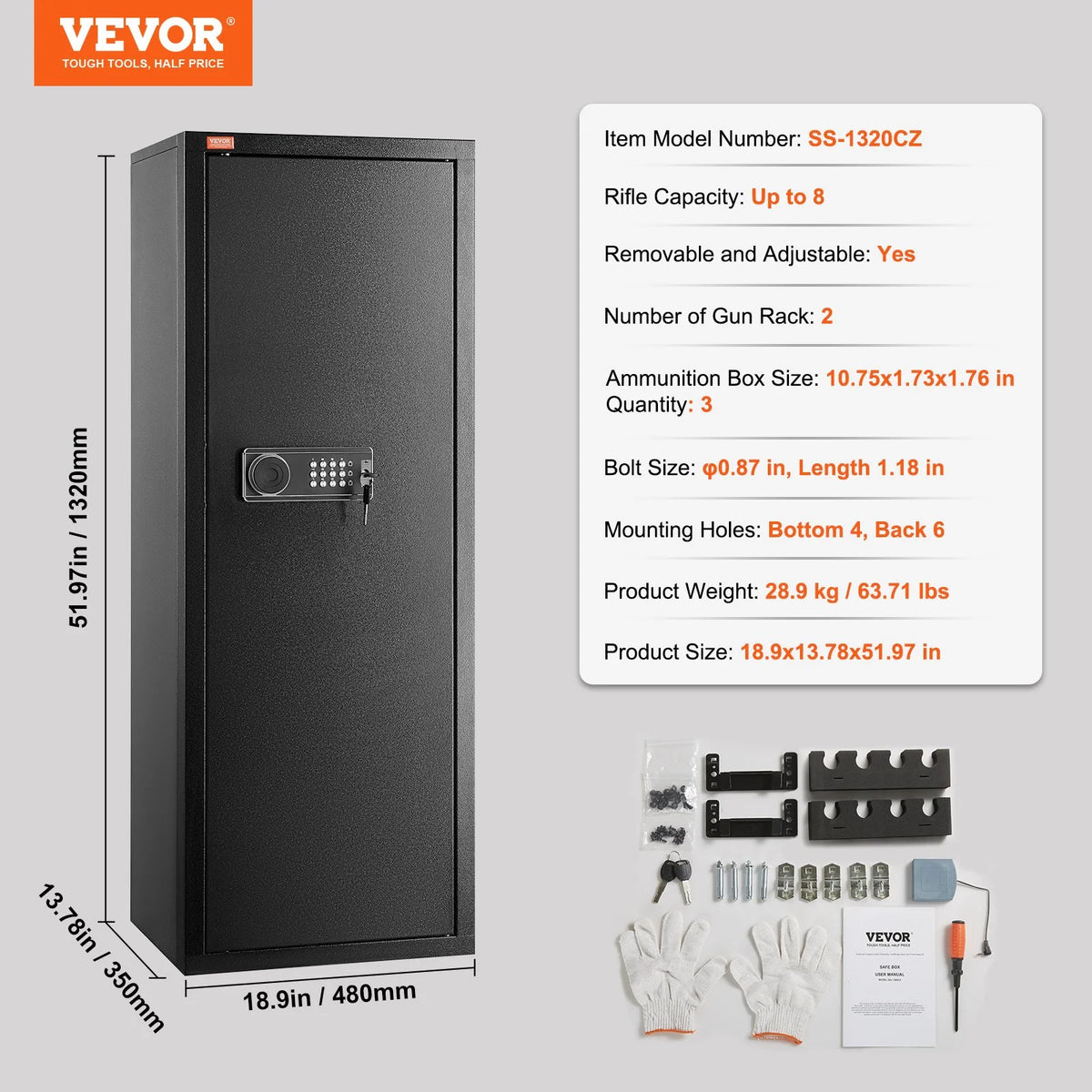 VEVOR 6-8 Rifles Gun Safe, Rifle Safe with Lock & Digital Keypad, Quick Access Tall Gun Storage Cabinet with Removable Shelf, Rifle Cabinet for Home Rifle and Shotguns - View 6