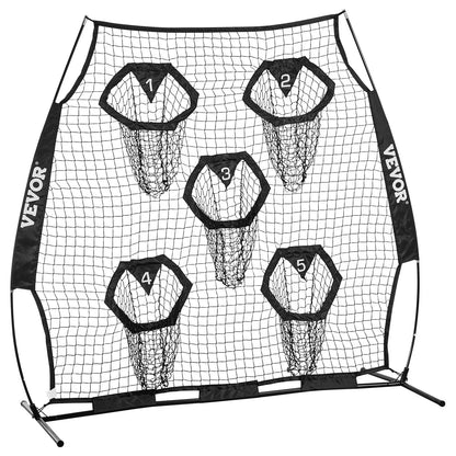 VEVOR 6 x 6 ft Football Trainer Throwing Net, Training Throwing Target Practice Net with 5 Target Pockets, Knotless Net Includes Straps and Portable Carry Case, Improve QB Throwing Accuracy, Black