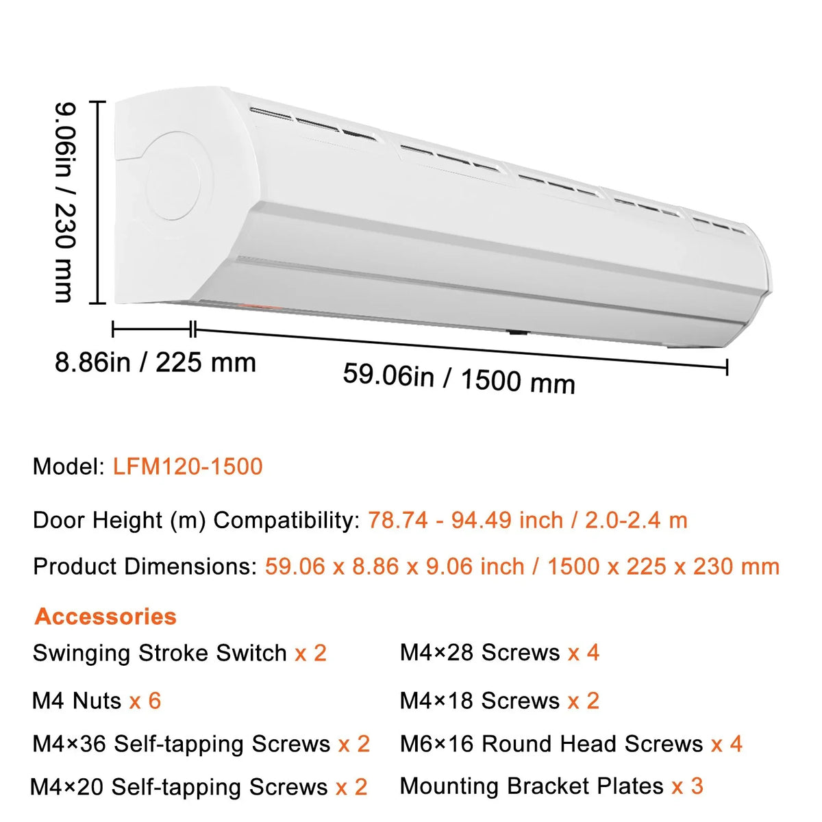VEVOR 60" Commercial Indoor Air Curtain Super Power 2 Speeds 1500CFM, Wall Mounted Air Curtains for Doors, Indoor Over Door Fan with Heavy Duty Limit Switch, Easy-Install 110V Unheated - View 6