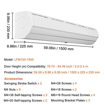 VEVOR 60" Commercial Indoor Air Curtain Super Power 2 Speeds 1500CFM, Wall Mounted Air Curtains for Doors, Indoor Over Door Fan with Heavy Duty Limit Switch, Easy-Install 110V Unheated - View 6