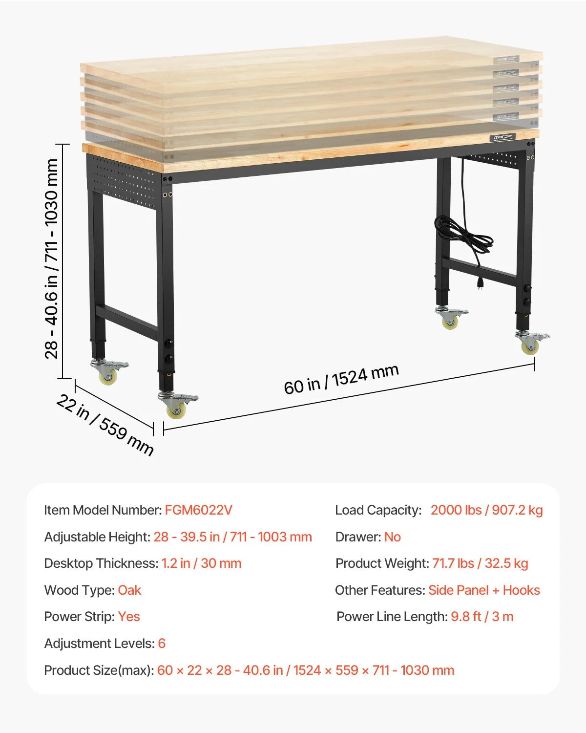 VEVOR 60-Inch Adjustable Workbench, 2000 lbs Load, Work Bench with Power Outlet, Wheels, and Pegboard, Heavy Duty Oak Wood Top Work Table for Garage, Workshop, Office, and Home - View 6