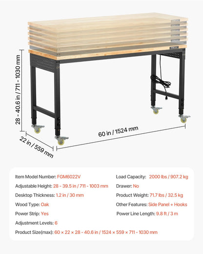 VEVOR 60-Inch Adjustable Workbench, 2000 lbs Load, Work Bench with Power Outlet, Wheels, and Pegboard, Heavy Duty Oak Wood Top Work Table for Garage, Workshop, Office, and Home - View 6