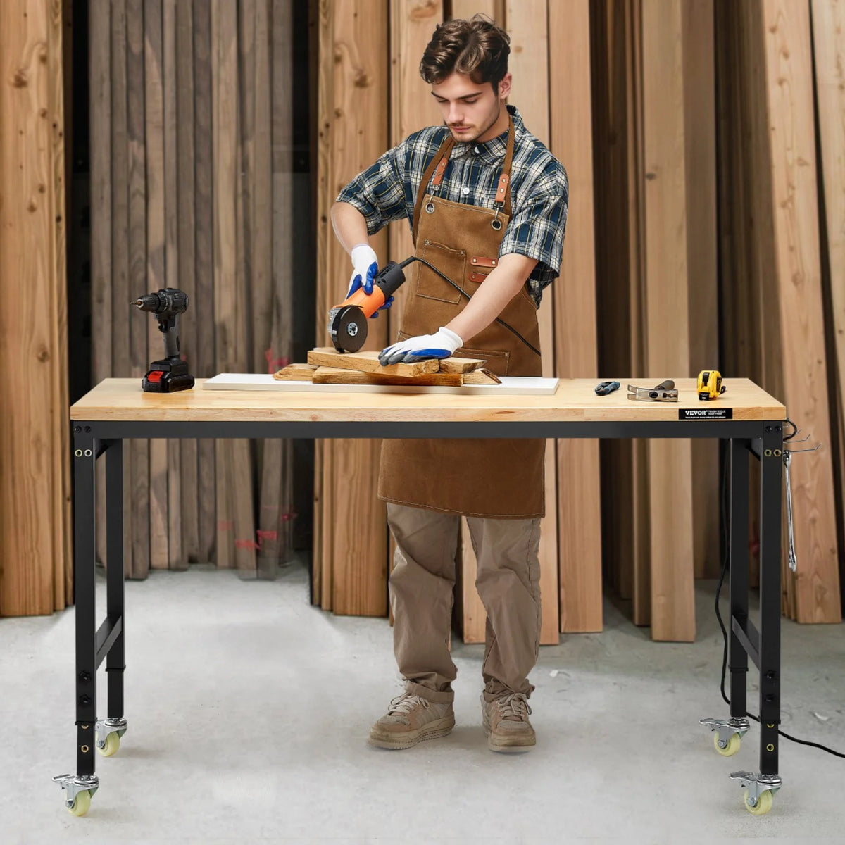 VEVOR 60-Inch Adjustable Workbench, 2000 lbs Load, Work Bench with Power Outlet, Wheels, and Pegboard, Heavy Duty Oak Wood Top Work Table for Garage, Workshop, Office, and Home - View 7