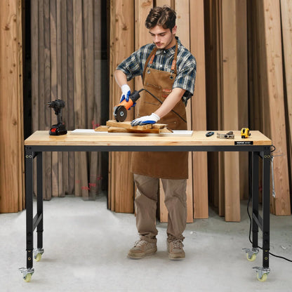 VEVOR 60-Inch Adjustable Workbench, 2000 lbs Load, Work Bench with Power Outlet, Wheels, and Pegboard, Heavy Duty Oak Wood Top Work Table for Garage, Workshop, Office, and Home - View 7