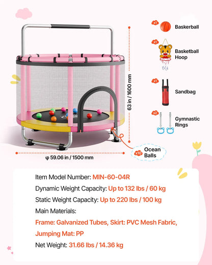VEVOR 60" Trampoline for Kids, 5 FT Toddler Mini Trampoline, 132 lbs Indoor Outdoor Play Toys with Enclosure Net and Adjustable Gymnastics Bar, Christmas Toys Birthday Gifts for Girls Boys - View 6