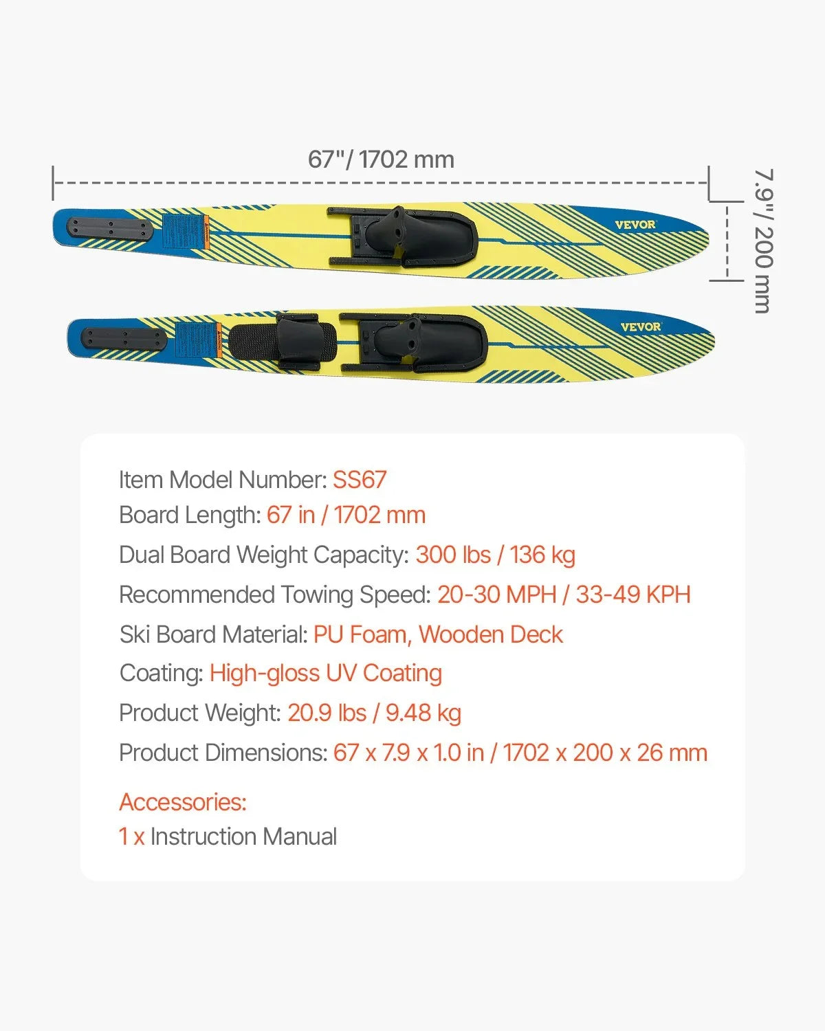 VEVOR 67-inch Water Skis Combo Adults Water Skis with X-9 Adjustable Bindings - View 5