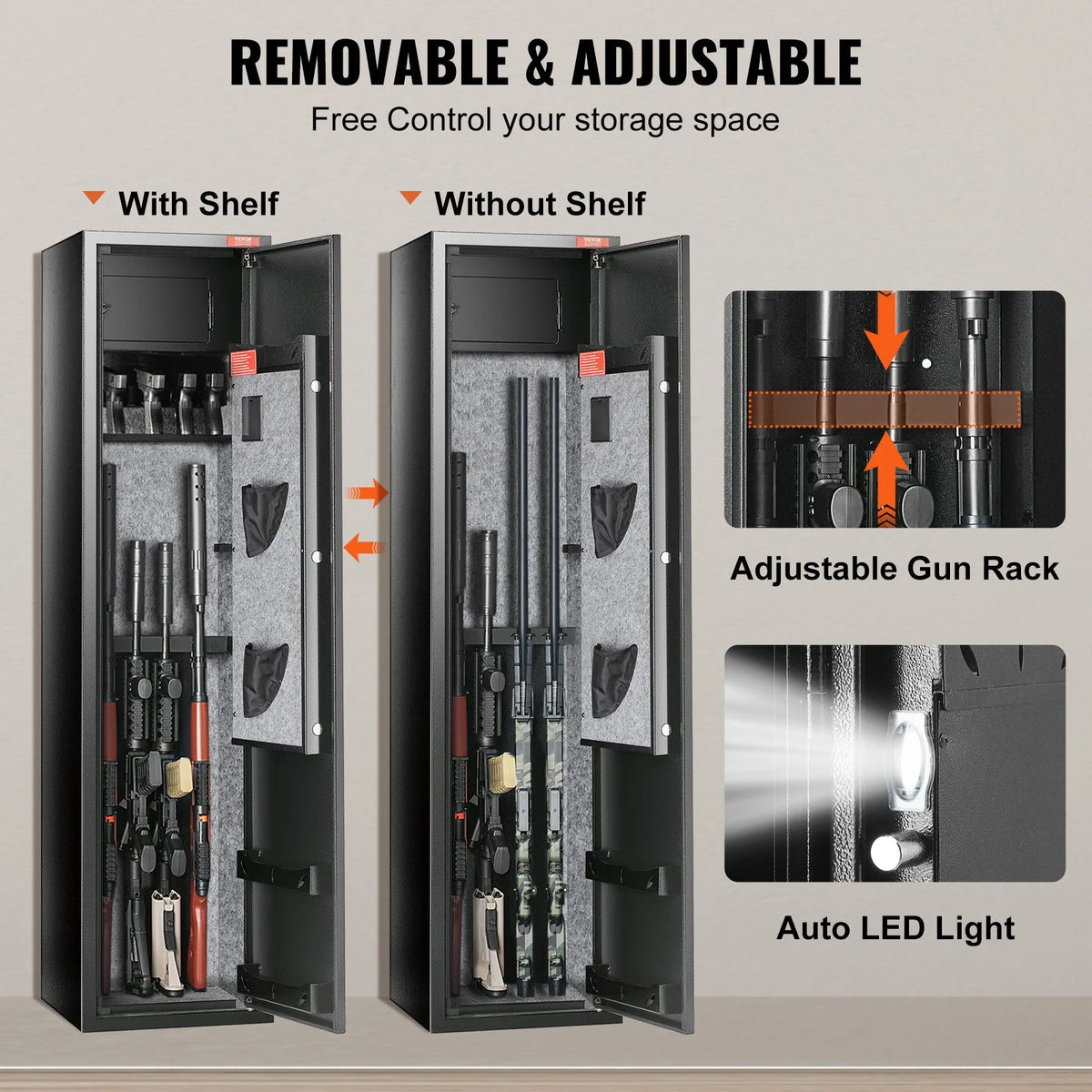 VEVOR 7-8 Rifles Gun Safe, Rifle Safe with Digital Keypad & Lock, Gun Storage Cabinet with Built-in Storage Locker, Removable Storage Shelf for Home Long Gun and Pistols - View 14