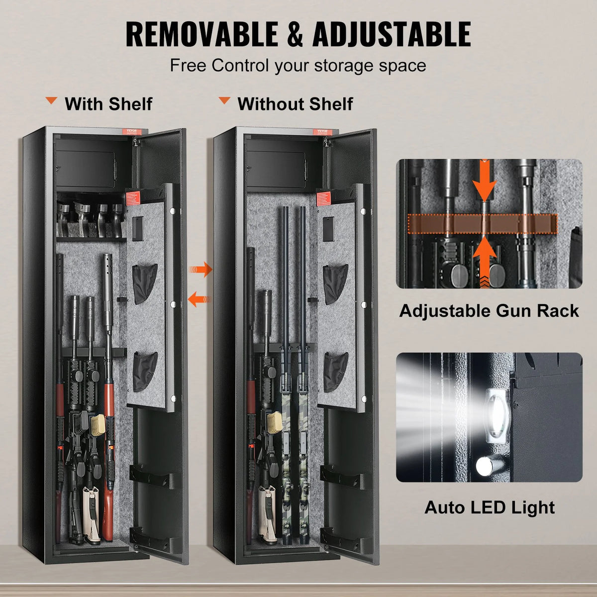 VEVOR 7-8 Rifles Gun Safe, Rifle Safe with Digital Keypad & Lock, Gun Storage Cabinet with Built-in Storage Locker, Removable Storage Shelf for Home Long Gun and Pistols - View 5