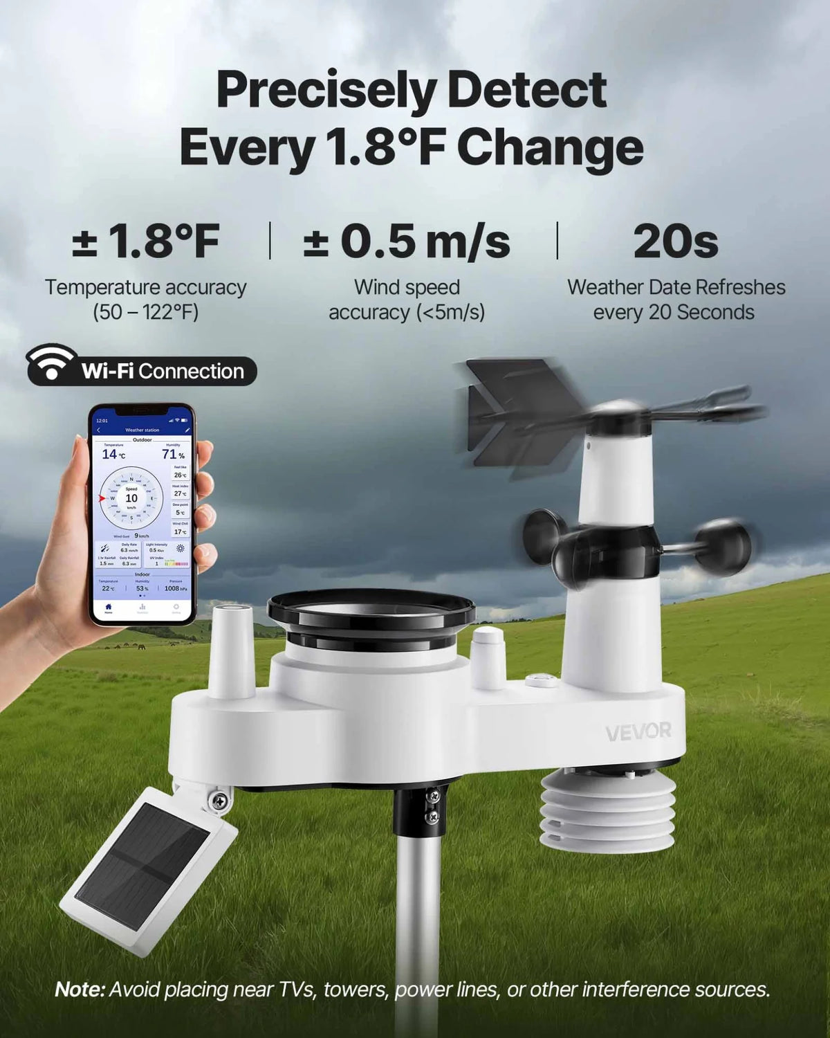 VEVOR 7-in-1 Wi-Fi Weather Station, 7-Inch TFT Display, Wireless Solar Powered Outdoor Sensor, Rain Gauge, Indoor Outdoor for Weather Forecast, Wind Speed Direction, Temperature, Humidity, Rainfall - View 3