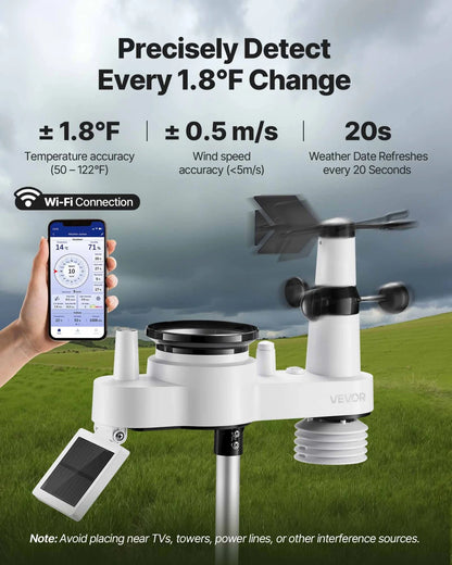 VEVOR 7-in-1 Wi-Fi Weather Station, 7-Inch TFT Display, Wireless Solar Powered Outdoor Sensor, Rain Gauge, Indoor Outdoor for Weather Forecast, Wind Speed Direction, Temperature, Humidity, Rainfall - View 3