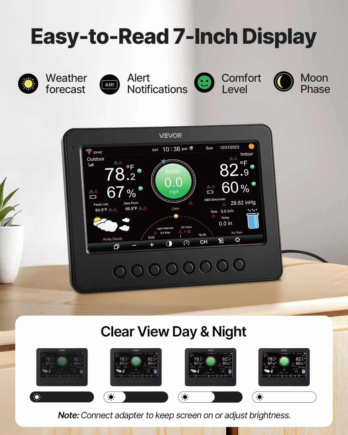 VEVOR 7-in-1 Wi-Fi Weather Station, 7-Inch TFT Display, Wireless Solar Powered Outdoor Sensor, Rain Gauge, Indoor Outdoor for Weather Forecast, Wind Speed Direction, Temperature, Humidity, Rainfall - View 4